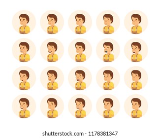 Vector young adult man avatars and emoticons set in flat style, front view.