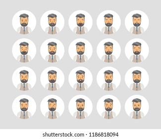 Vector young adult man avatars and emoticons set in flat style, front view.