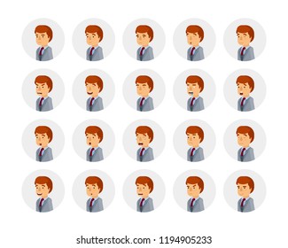 Vector young adult man avatars and emoticons set in flat style, side view.