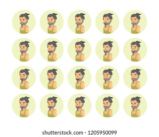 Vector young adult man avatars and emoticons set in flat style, side view.