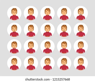 Vector young adult man avatars and emoticons set in flat style, front view.