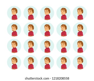 Vector young adult man avatars and emoticons set in flat style, side view.
