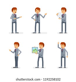 Vector young adult man in business suit ready-to-use character dialogue and presentation poses set in flat style.