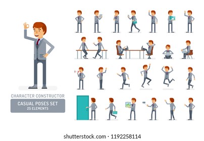 Vector young adult man in business suit ready-to-use character casual poses set in flat style. Full length, gestures, emotions, front, side, back view.
