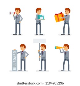 Vector young adult man in business suit ready-to-use character marketing and infographic poses set in flat style.