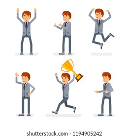 Vector young adult man in business suit ready-to-use character success and positive mood poses set in flat style.
