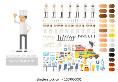 Vector young adult man in cook suit do-it-yourself creation kit. Full length, gestures, emotions - all character constructor elements for building your own design for infographic illustrations.