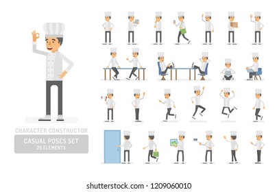Vector young adult man in cook suit ready-to-use character casual poses set in flat style. Full length, gestures, emotions, front, side, back view.
