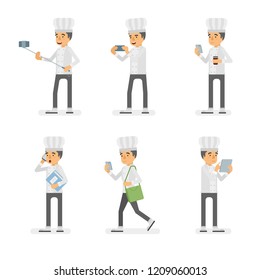 Vector young adult man in cook suit ready-to-use character gadget using poses set in flat style.