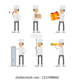 Vector young adult man in cook suit ready-to-use character marketing and infographic poses set in flat style.