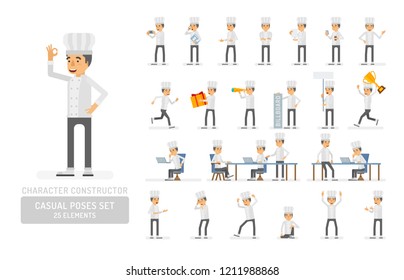 Vector young adult man in cook suit ready-to-use character casual poses set in flat style. Full length, gestures, emotions, front, side, back view.