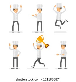 Vector young adult man in cook suit ready-to-use character success and positive mood poses set in flat style.