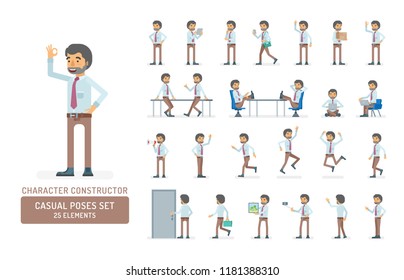 Vector young adult man in office shirt and pants ready-to-use character casual poses set in flat style. Full length, gestures, emotions, front, side, back view.