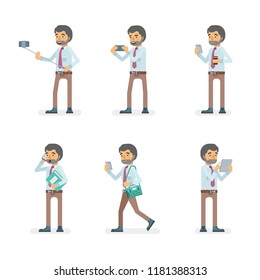 Vector young adult man in office shirt and pants ready-to-use character gadget using poses set in flat style.