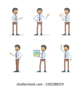 Vector young adult man in office shirt and pants ready-to-use character dialogue and presentation poses set in flat style.