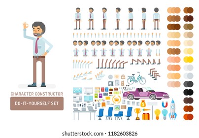 Vector young adult man in office shirt and pants do-it-yourself creation kit. Full length, gestures, emotions - all character constructor elements for building your own design