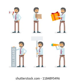 Vector young adult man in office shirt and pants ready-to-use character marketing and infographic poses set in flat style.