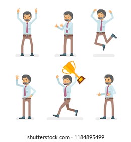 Vector young adult man in office shirt and pants ready-to-use character success and positive mood poses set in flat style.