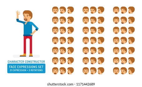 Vector young adult man in pullover character face expressions set in flat style: front, half-side and side view.