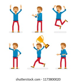 Vector young adult man in pullover ready-to-use character success and positive mood poses set in flat style.