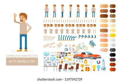 Vector young adult man in pullover do-it-yourself creation kit. Full length, gestures, emotions - all character constructor elements for building your own design for infographic illustrations.