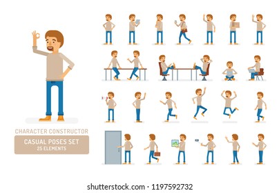 Vector young adult man in pullover ready-to-use character casual poses set in flat style. Full length, gestures, emotions, front, side, back view.