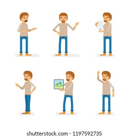 Vector young adult man in pullover ready-to-use character marketing and infographic poses set in flat style.