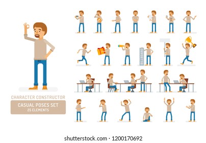 Vector young adult man in pullover ready-to-use character casual poses set in flat style. Full length, gestures, emotions, front, side, back view.