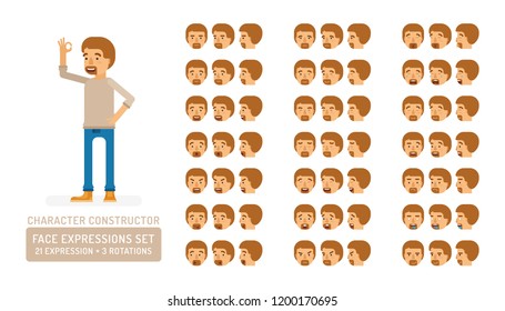 Vector young adult man in pullover character face expressions set in flat style: front, half-side and side view.