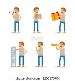 Vector young adult man in pullover ready-to-use character marketing and infographic poses set in flat style.