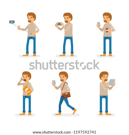 Vector young adult man in pullover ready-to-use character gadget using poses set in flat style.