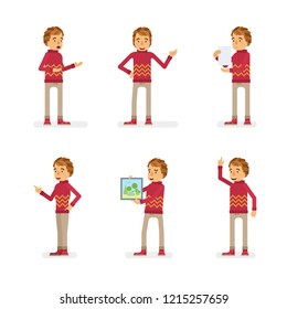Vector young adult man in sweater ready-to-use character marketing and infographic poses set in flat style.