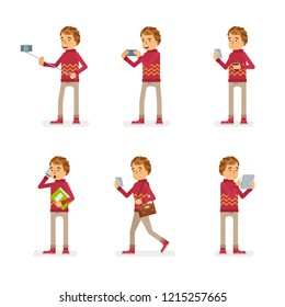 Vector young adult man in sweater ready-to-use character gadget using poses set in flat style.