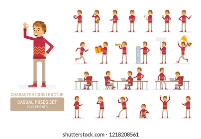 Vector young adult man in sweater ready-to-use character casual poses set in flat style. Full length, gestures, emotions, front, side, back view.