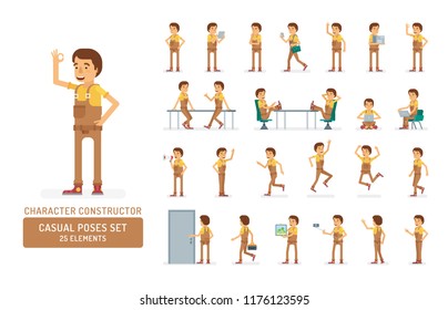 Vector young adult man in worker overalls ready-to-use character casual poses set in flat style. Full length, gestures, emotions, front, side, back view.