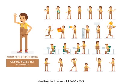 Vector young adult man in worker overalls ready-to-use character casual poses set in flat style. Full length, gestures, emotions, front, side, back view.