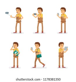 Vector young adult man in worker overalls ready-to-use character gadget using poses set in flat style.