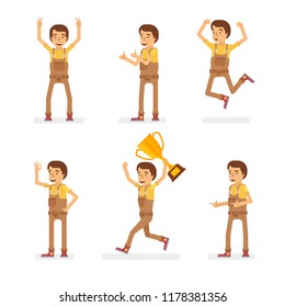 Vector young adult man in worker overalls ready-to-use character success and positive mood poses set in flat style.