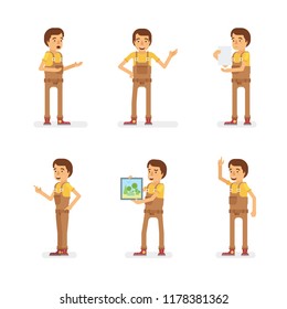 Vector young adult man in worker overalls ready-to-use character dialogue and presentation poses set in flat style.