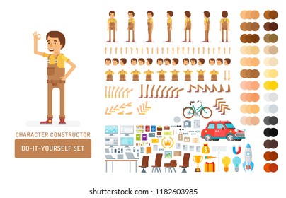 Vector young adult man in worker overalls do-it-yourself creation kit. Full length, gestures, emotions - all character constructor elements for building your own design for infographic illustrations.