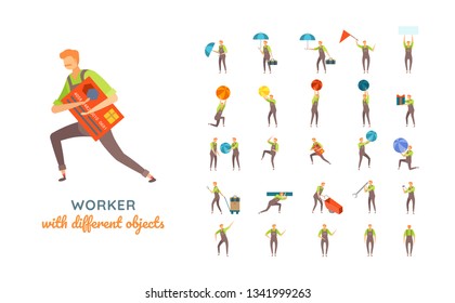 Vector young adult man in worker overalls casual poses set in flat style. Full length, gestures, emotions, front, side, back view.