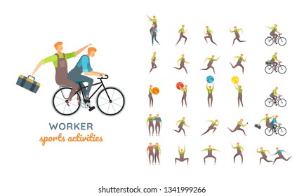 Vector young adult man in worker overalls casual poses set in flat style. Full length, gestures, emotions, front, side, back view.