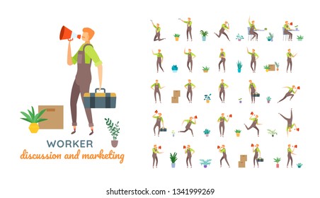 Vector young adult man in worker overalls casual poses set in flat style. Full length, gestures, emotions, front, side, back view.