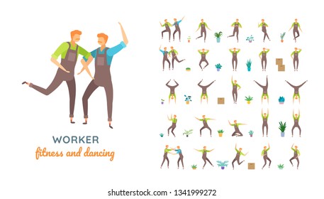 Vector young adult man in worker overalls casual poses set in flat style. Full length, gestures, emotions, front, side, back view.