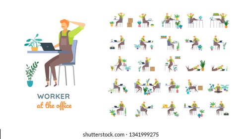 Vector young adult man in worker overalls casual poses set in flat style. Full length, gestures, emotions, front, side, back view.
