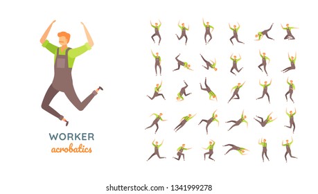 Vector young adult man in worker overalls casual poses set in flat style. Full length, gestures, emotions, front, side, back view.