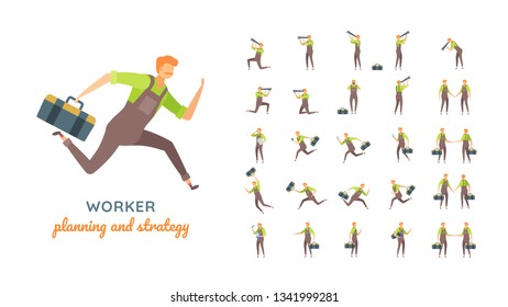 Vector young adult man in worker overalls casual poses set in flat style. Full length, gestures, emotions, front, side, back view.