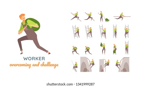 Vector young adult man in worker overalls casual poses set in flat style. Full length, gestures, emotions, front, side, back view.