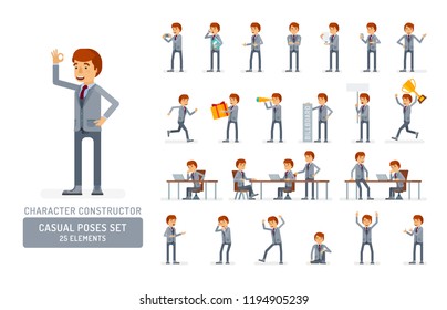 Vector young adult manin business suit ready-to-use character casual poses set in flat style. Full length, gestures, emotions, front, side, back view.