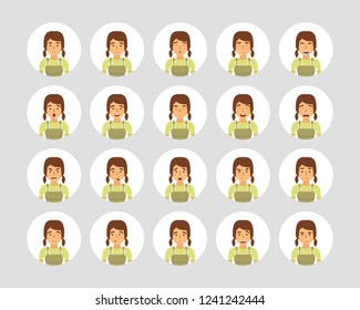 Vector young adult woman avatars and emoticons set in flat style, front view.